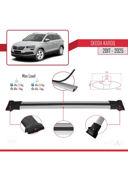 Skoda Karoq 2017 ve Sonrası ile Uyumlu Fly Model Ara Atkı Tavan Barı Gri 3 Adet modelleri