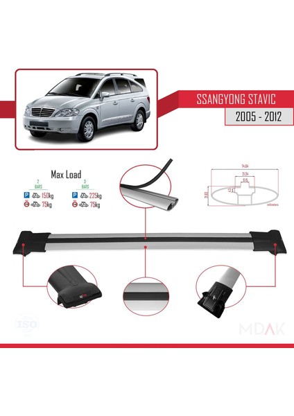 Ssangyong Stavic 2005-2012 Arası ile Uyumlu Fly Model Ara Atkı Tavan Barı Gri 2 Adet modelleri