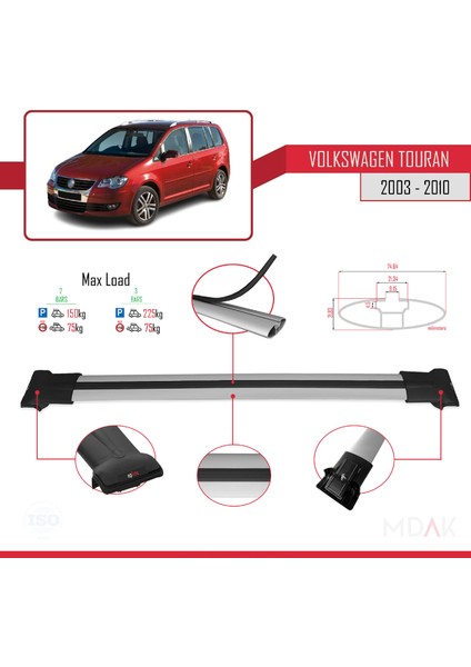 Volkswagen Touran (1t) Pre-Facelift 2003-2010 Arası ile Uyumlu Fly Model Ara Atkı Tavan Barı Gri 2 Adet fırsatları