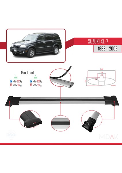 Suzuki Xl-7 1998-2006 Arası ile Uyumlu Fly Model Ara Atkı Tavan Barı Gri 3 Adet modelleri