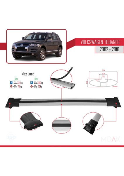 Volkswagen Touareg (7l) 2002-2010 Arası ile Uyumlu Fly Model Ara Atkı Tavan Barı Gri 3 Adet modelleri