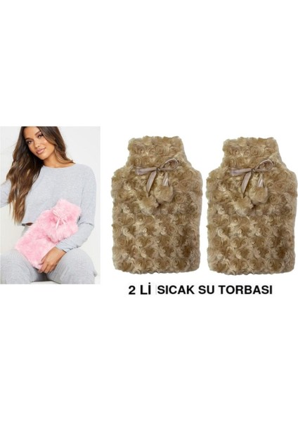 Sıcak Su Torbası 2 Adet Ponponlu Termofor Peluş Bej 28x17 cm 750 ml