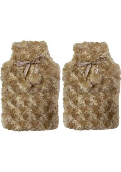 Sıcak Su Torbası 2 Adet Ponponlu Termofor Peluş Bej 28x17 cm 750 ml
