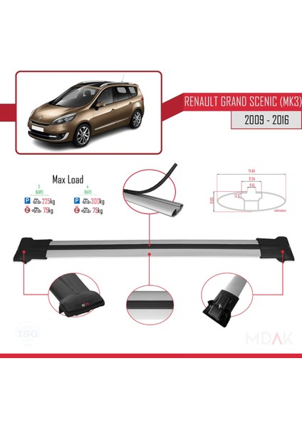 Renault Grand Scenic 3 2009-2016 Arası ile Uyumlu Fly Model Ara Atkı Tavan Barı Gri 3 Adet modelleri