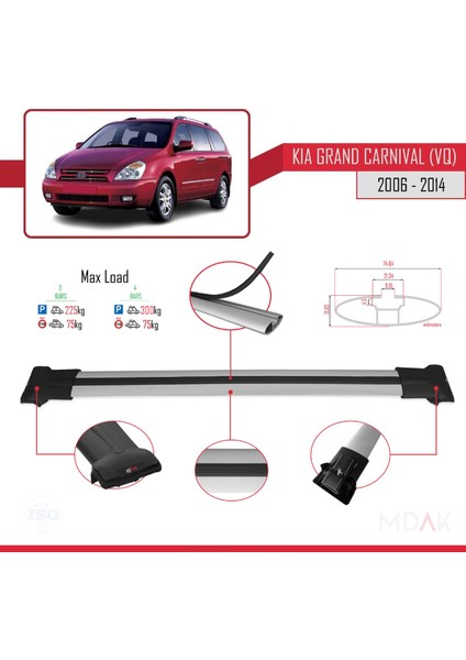 Kia Grand Carnival 2 (Vq) 2006-2014 Arası ile Uyumlu Fly Model Ara Atkı Tavan Barı Gri 3 Adet modelleri