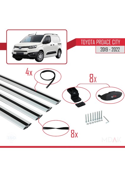 Toyota Proace City 2019-2022 Arası ile Uyumlu Basıc Model Ara Atkı Tavan Barı Gri 4 Adet indirimleri