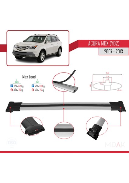Acura Mdx (Yd2) 2007-2013 Arası ile Uyumlu Fly Model Ara Atkı Tavan Barı Gri 3 Adet modelleri