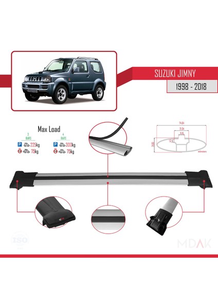 Suzuki Jimny 3 1998-2018 Arası ile Uyumlu Fly Model Ara Atkı Tavan Barı Gri 3 Adet modelleri