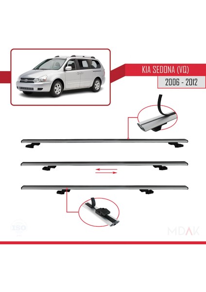 Kia Sedona 2 (Vq) 2006-2012 Arası ile Uyumlu Basıc Model Ara Atkı Tavan Barı Gri 3 Adet