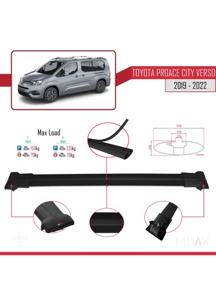 Toyota Proace City Verso 2019-2022 Arası ile Uyumlu Fly Model Ara Atkı Tavan Barı Siyah 2 Adet fırsatları