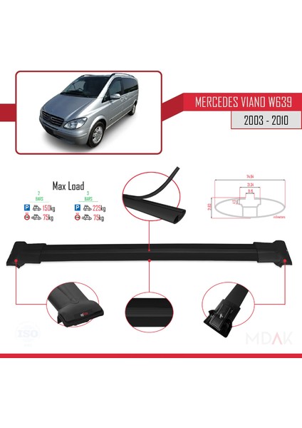 Mercedes Viano 2 (W639) Pre-Facelift 2003-2010 Arası ile Uyumlu Fly Model Ara Atkı Tavan Barı Siyah 2 Adet fırsatları