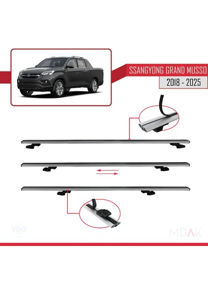 Ssangyong Grand Musso 2018 ve Sonrası ile Uyumlu Basıc Model Ara Atkı Tavan Barı Gri 2 Adet indirimleri