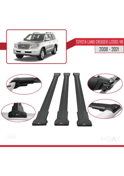 Toyota Land Cruiser V8 (J200) 2008-2021 Arası ile Uyumlu Fly Model Ara Atkı Tavan Barı Siyah 3 Adet