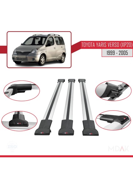 Toyota Yaris Verso (XP20) 1999-2005 Arası ile Uyumlu Fly Model Ara Atkı Tavan Barı Gri 3 Adet fırsatları