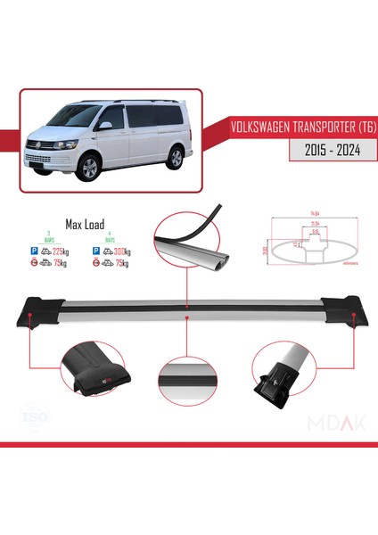 Volkswagen T6 Transporter 2015-2024 Arası ile Uyumlu Fly Model Ara Atkı Tavan Barı Gri 4 Adet modelleri
