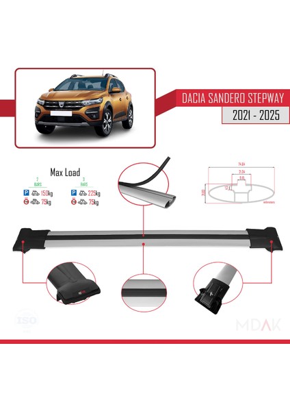 Dacia Sandero Stepway 3 2021 ve Sonrası ile Uyumlu Fly Model Ara Atkı Tavan Barı Gri 2 Adet fırsatları