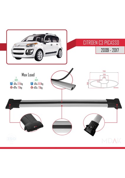 Citroen C3 Picasso 2009-2017 Arası ile Uyumlu Fly Model Ara Atkı Tavan Barı Gri 3 Adet modelleri