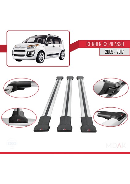 Citroen C3 Picasso 2009-2017 Arası ile Uyumlu Fly Model Ara Atkı Tavan Barı Gri 3 Adet fırsatları