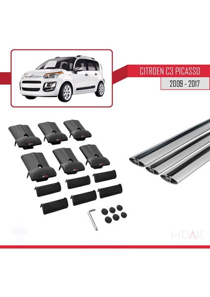 Citroen C3 Picasso 2009-2017 Arası ile Uyumlu Fly Model Ara Atkı Tavan Barı Gri 3 Adet indirimleri