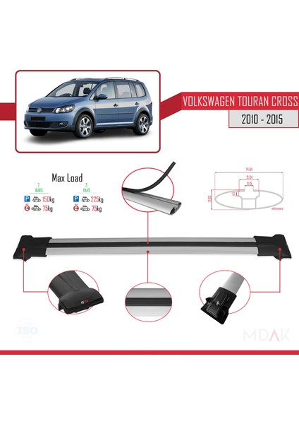 Volkswagen Touran Cross Post-Facelift 2010-2015 Arası ile Uyumlu Fly Model Ara Atkı Tavan Barı Gri 2 Adet fırsatları