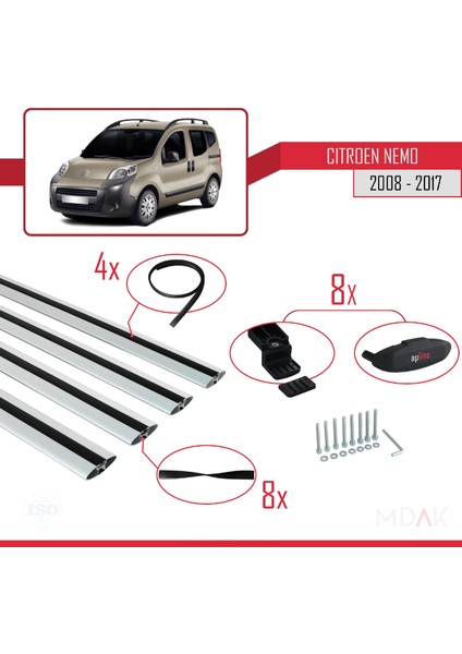 Citroen Nemo 3 (225) 2008-2017 Arası ile Uyumlu Basıc Model Ara Atkı Tavan Barı Gri 4 Adet indirimleri