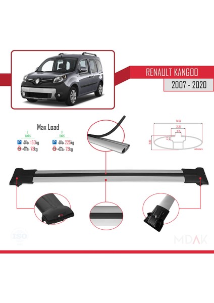Renault Kangoo 2 (X61) 2007-2020 Arası ile Uyumlu Fly Model Ara Atkı Tavan Barı Gri 2 Adet fırsatları
