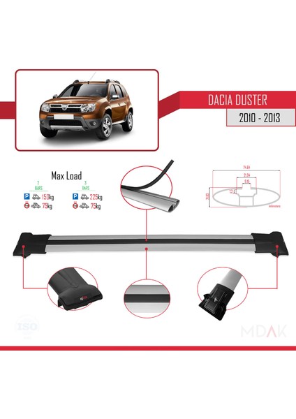 Dacia Duster (Hs) Pre-Facelift 2010-2013 Arası ile Uyumlu Fly Model Ara Atkı Tavan Barı Gri 2 Adet fırsatları