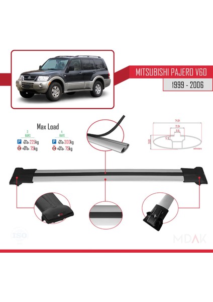 Mitsubishi Pajero (V60) 5 Kapı 1999-2006 Arası ile Uyumlu Fly Model Ara Atkı Tavan Barı Gri 3 Adet modelleri