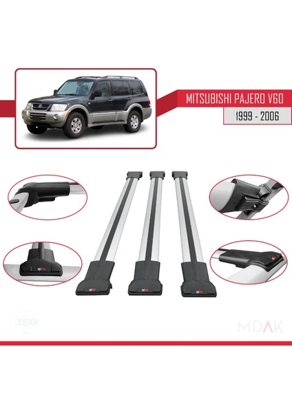 Mitsubishi Pajero (V60) 5 Kapı 1999-2006 Arası ile Uyumlu Fly Model Ara Atkı Tavan Barı Gri 3 Adet fırsatları