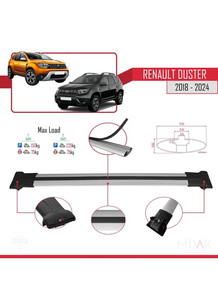 Renault Duster 2 (Hm) 2018 ve Sonrası ile Uyumlu Fly Model Ara Atkı Tavan Barı Gri 2 Adet modelleri