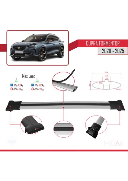 Cupra Formentor 2020 ve Sonrası ile Uyumlu Fly Model Ara Atkı Tavan Barı Gri 2 Adet modelleri