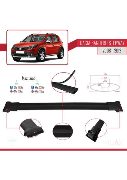 Dacia Sandero Stepway 2008-2012 Arası ile Uyumlu Fly Model Ara Atkı Tavan Barı Siyah 2 Adet fırsatları