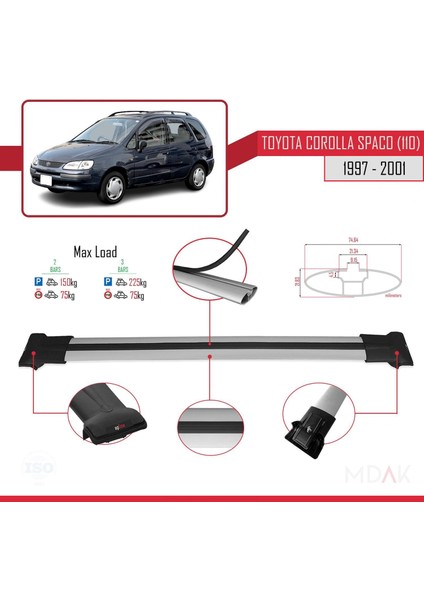 Toyota Corolla Spacio (E110) 1997-2001 Arası ile Uyumlu Fly Model Ara Atkı Tavan Barı Gri 2 Adet modelleri