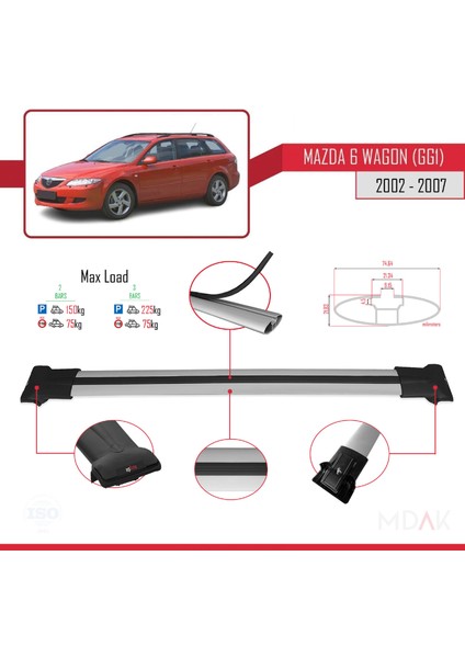 Mazda 6 I (Gg1) 2002-2007 Arası ile Uyumlu Fly Model Ara Atkı Tavan Barı Gri 2 Adet modelleri
