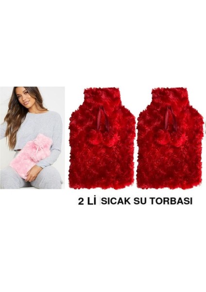 Sıcak Su Torbası 2 Adet Kırmızı Renkli ponponlu Termofor 26x17x2 cm 1 lt