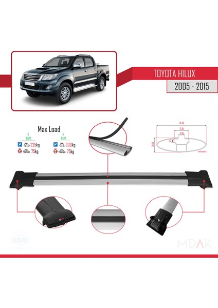 Toyota Hilux 7 (AN30) 2005-2015 Arası ile Uyumlu Fly Model Ara Atkı Tavan Barı Gri 3 Adet modelleri
