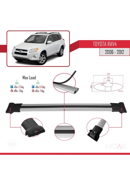 Toyota Rav4 Iıı (XA30) 2006-2012 Arası ile Uyumlu Fly Model Ara Atkı Tavan Barı Gri 3 Adet modelleri