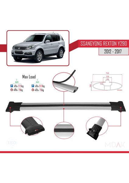 Ssangyong Rexton (Y290) 2012-2017 Arası ile Uyumlu Fly Model Ara Atkı Tavan Barı Gri 3 Adet modelleri