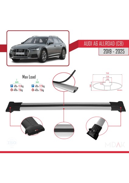 A6 (C8) Allroad 2019 ve Sonrası ile Uyumlu Fly Model Ara Atkı Tavan Barı Gri 2 Adet modelleri
