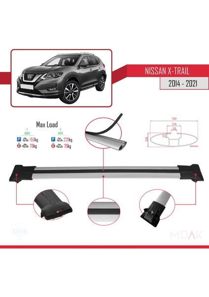Nissan X-Trail 3 (T32) 2014-2021 Arası ile Uyumlu Fly Model Ara Atkı Tavan Barı Gri 2 Adet fırsatları