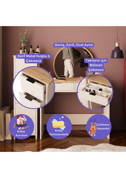 Flora Makyaj Masası Takımı 2+5 Çekmeceli Takı Düzenleyicili Aynalı Şifonyer Set T2060 Kumtaşı Sepet fiyatları