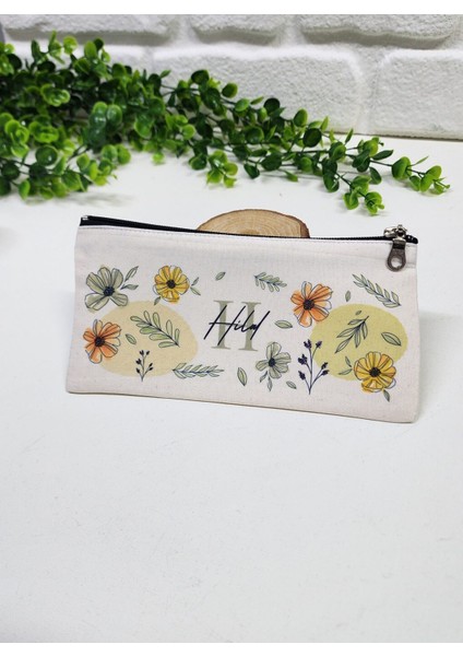 Kişiye Özel İsme Özel Bez Kalemlik Mavi Yaprak ve Renkli Çiçek Desenli Mini Organizer