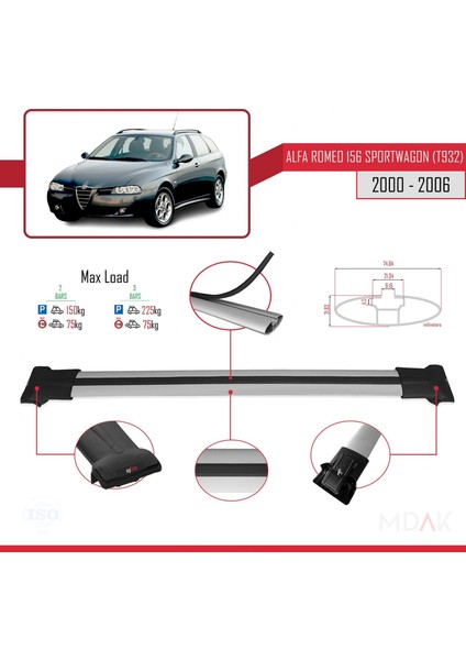 Alfa Romeo 156 (T932) Sw 2000-2006 Arası ile Uyumlu Fly Model Ara Atkı Tavan Barı Gri 2 Adet fiyatları
