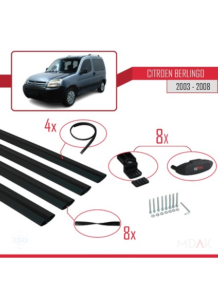 Citroen Berlingo (M59) 2003-2008 Arası ile Uyumlu Basıc Model Ara Atkı Tavan Barı Siyah 4 Adet