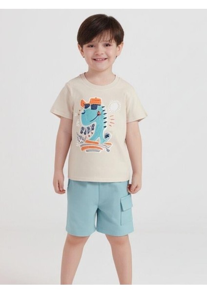 Erkek Çocuk Pamuklu Dinozor Baskılı Şortlu Takım modelleri
