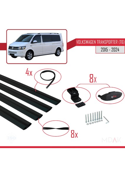 Volkswagen T6 Transporter 2015-2024 Arası ile Uyumlu Basıc Model Ara Atkı Tavan Barı Siyah 4 Adet