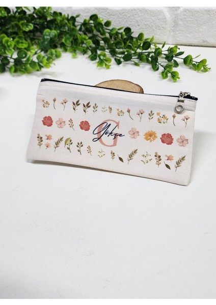 Kişiye Özel İsme Özel Bez Kalemlik Pastel Renkli Çiçek ve Yaprak Desenli Mini Organizer
