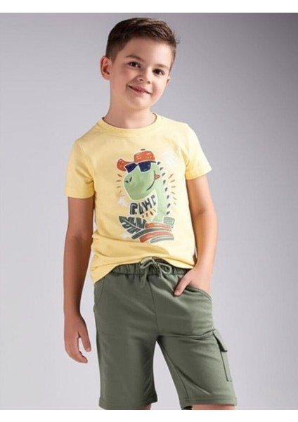 Erkek Çocuk Pamuklu Dinozor Baskılı Şortlu Takım