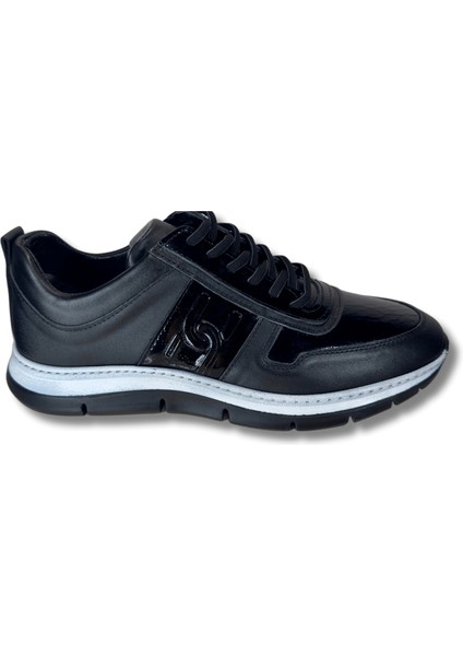 Siyah Beyaz Tabanlı Hakiki Deri Bağcıklı Erkek Günlük Spor Ayakkabı - Battal 45