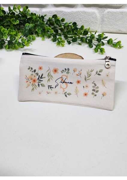 Kişiye Özel İsme Özel Bez Kalemlik Pembe Papatya ve Yaprak Desenli Mini Organizer